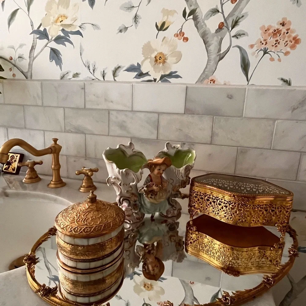 Large antique ,gold brass floral motif vanity tray . Rare